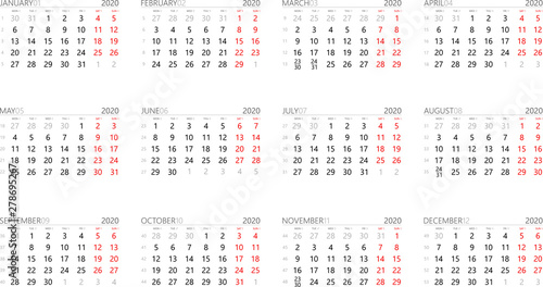 Calendar 2020 year grid months with week numbers and solar system symbols
