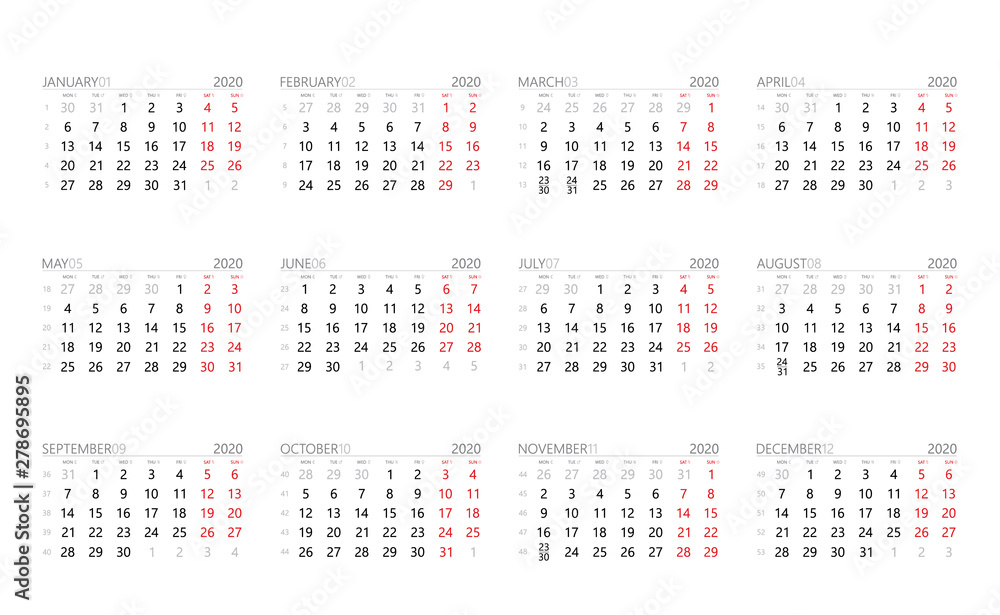 Calendar 2020 year grid months with week numbers and solar system symbols Calendar 2020 year grid months with week numbers and solar system symbols