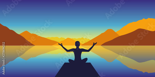 meditation silhouette by the lake with autumn mountains background vector illustration EPS10