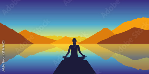 meditation silhouette by the lake with autumn mountains background vector illustration EPS10