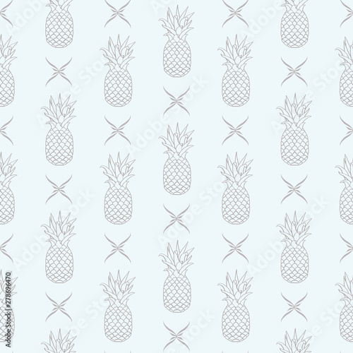 Vector Pineapples in line with Floral Decor on bright seamless pattern background.