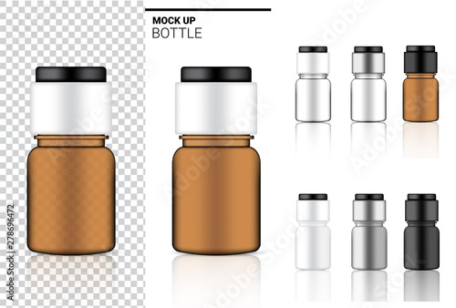 Medicine Bottle Mock up Realistic transparent Amber, white, black and glass ampoule or dropper plastic Packaging. for Food and Health Care Product on white Background Illustration.