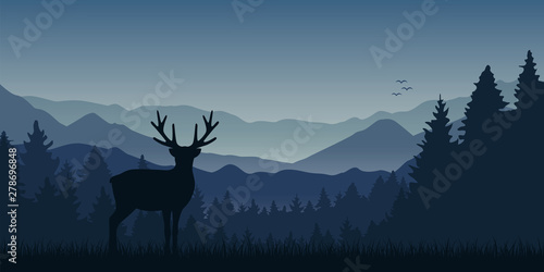 wildlife moose blue mountain and forest landscape vector illustration EPS10