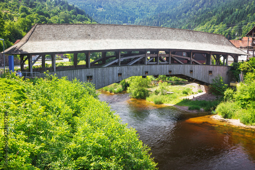 An old wooden bridge in the German town of Forbach. Germany. Black Forest.