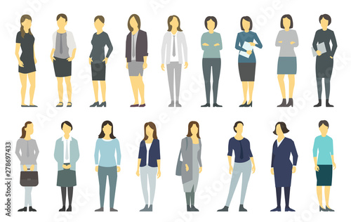 Big set business womens. lady management. Businesswomens standing. Work partnership leadership. Female dress code. Women in business clothes. Vector flat.