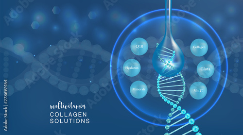 Hyaluronic acid plus multivitamins and minerals skin solutions ad, blue collagen serum drop with cosmetic advertising background ready to use, illustration vector.