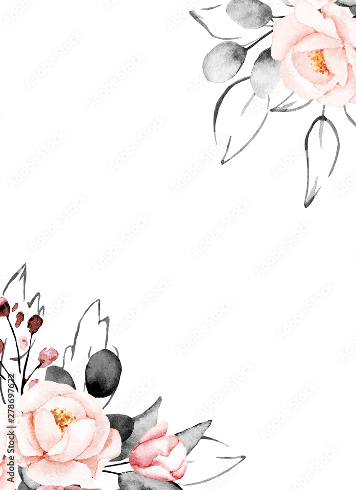 Greeting card template, watercolor flowers, frame with pink peonies and ...