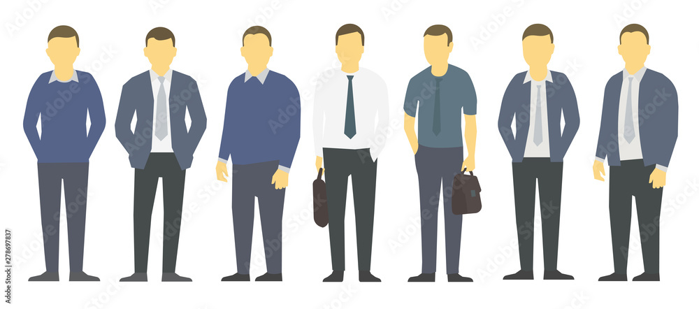 Big set business mens management. Business mens standing. Work partnership leadership. Male dress code. Men in business clothes. Vector flat. Big set business mens management. Business mens standing. Work partnership leadership. Male dress code. Men in business clothes. Vector flat.