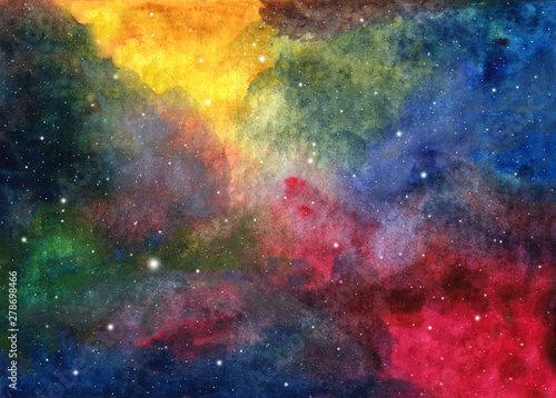 Abstract galaxy painting. Watercolor Cosmic texture with stars. Night sky. Milky way deep interstellar. Colorful art space.