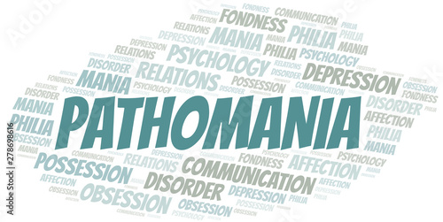 Pathomania word cloud. Type of mania, made with text only.