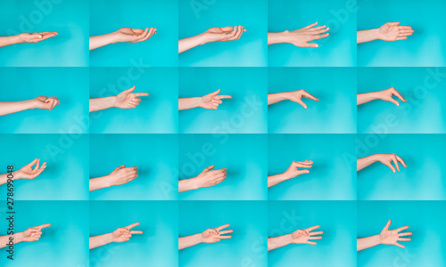 Gesturing female hands on blue background. Set of gesturing female hands isolated on blue. Hello, have-five and other symbols.