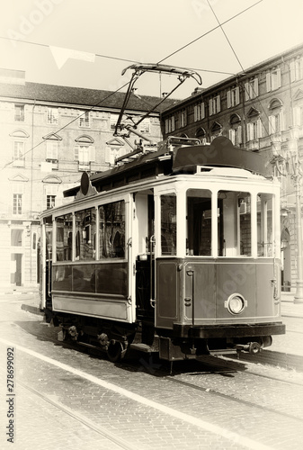 Vintage looking photo of the historical tramway line number ten (from Crocetta to Regio Parco street) stops in Piazza Castello, main square of Turin (Italy)