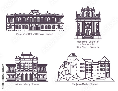 Architecture landmarks of Slovenia in thin line