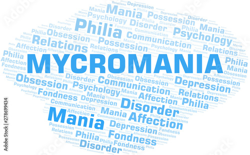 Mycromania word cloud. Type of mania, made with text only.