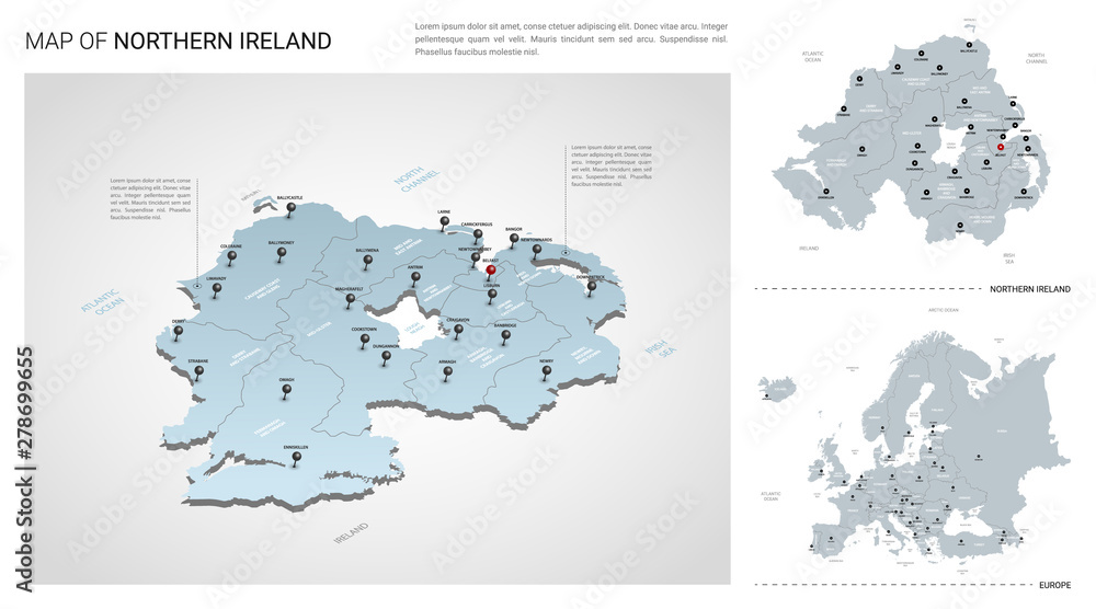 Vector set of Northern Ireland country.  Isometric 3d map, Northern Ireland map, Europe map - with region, state names and city names.