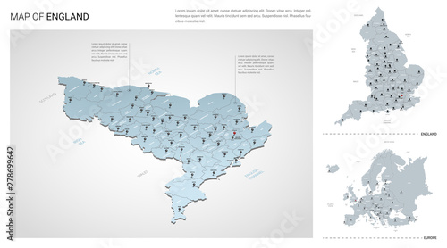 Vector set of England country.  Isometric 3d map, England map, Europe map - with region, state names and city names.