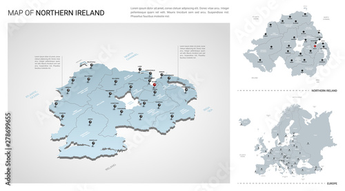 Vector set of Northern Ireland country. Isometric 3d map, Northern Ireland map, Europe map - with region, state names and city names.