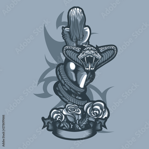 Beautiful naked girl in the arms of a snake with flowers and a banner. Tattoo template.