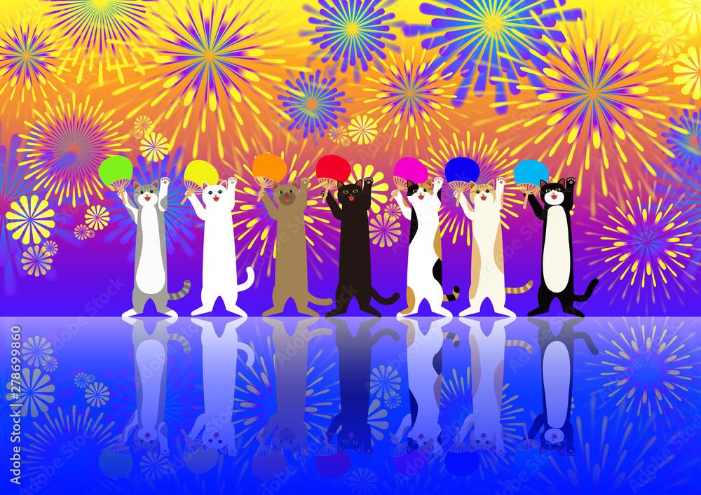 打ち上げ花火を背景に可愛い猫が団扇を持って盆踊り Stock Illustration Adobe Stock 打ち上げ花火を背景に可愛い猫が団扇を持って盆踊り Stock Illustration Adobe Stock