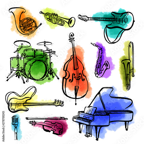 Hand drawn set of music instruments. Ink style vector illustration with watercolor stains on white background.