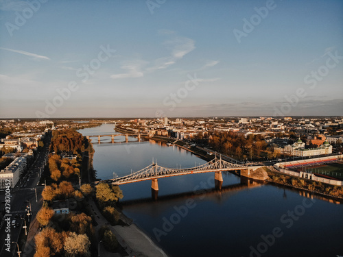 The old Volga bridge in Tver over the Volga at sunset. Top view © dron285