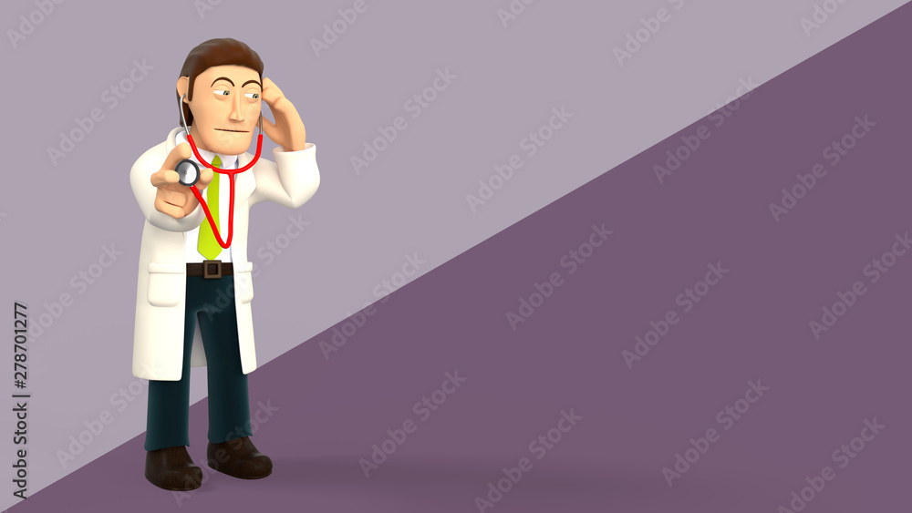 Obraz premium Cartoon 3d doctor listening with a stethoscope on a purple diagonal splitted background 3d rendering