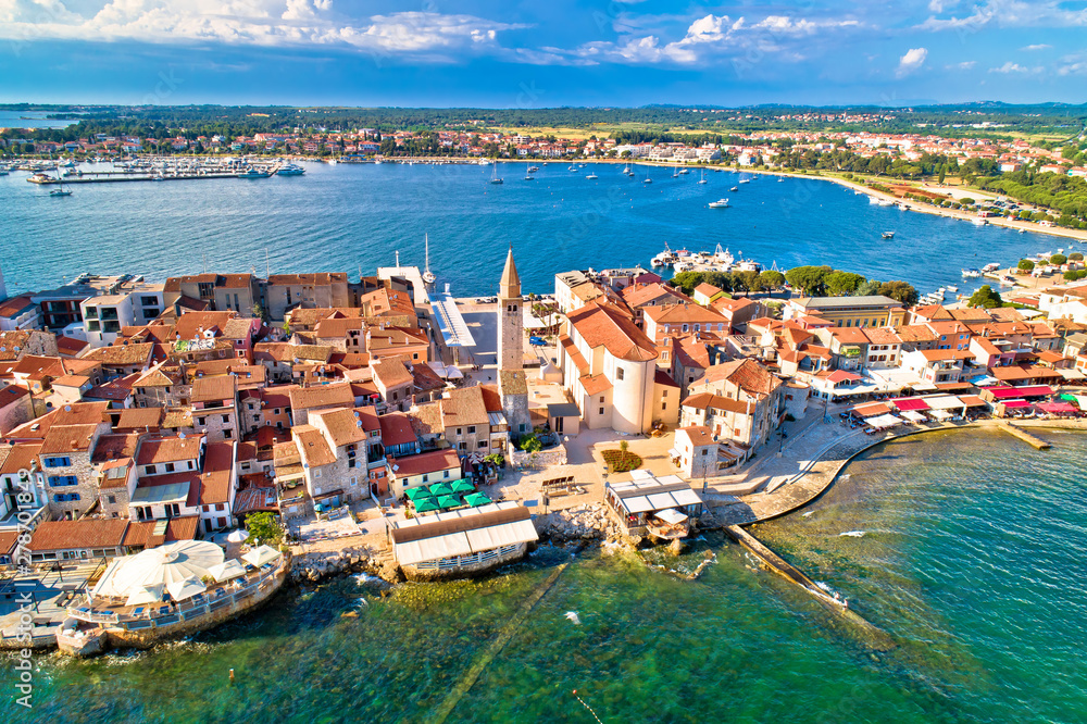 Town of Umag historic coastline architecture aerial view