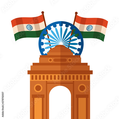 indian flags with ashoka chakra and gate building