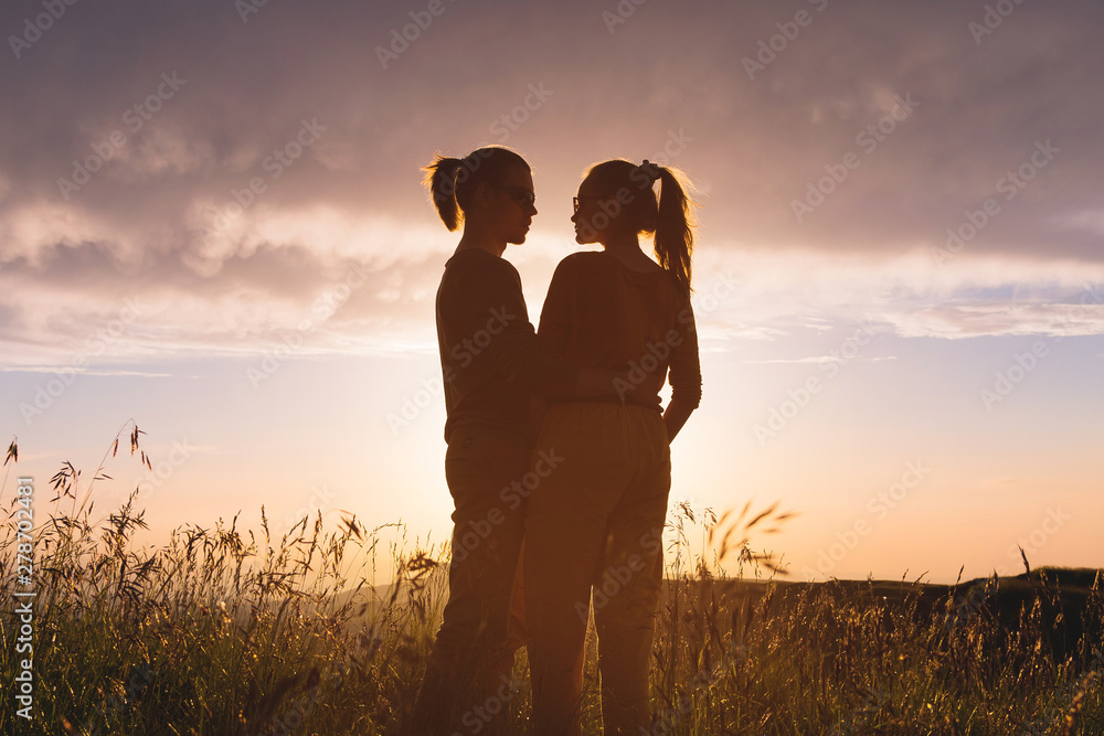 Silhouette portrait of a romantic young hipster couple in profile. Standing in an embrace on nature in the tall grass The concept of a young family and a happy future together