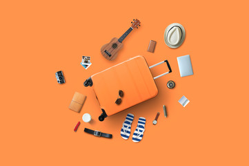 Large travel suitcase with clothes and accessories