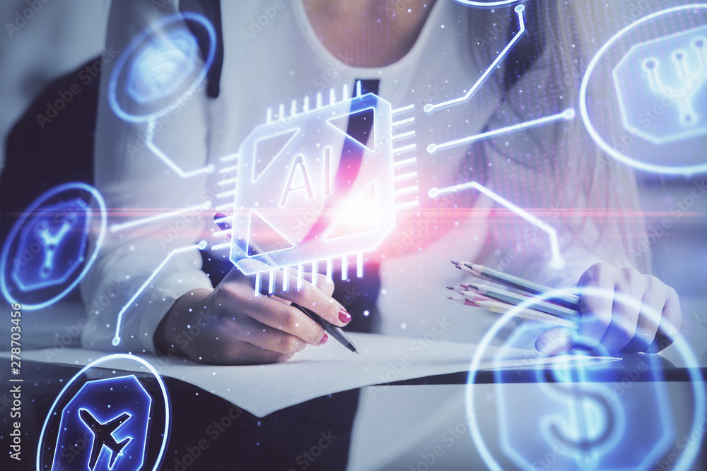 Multi exposure of woman's writing hand on background with data technology hud. Big data concept. Multi exposure of woman's writing hand on background with data technology hud. Big data concept.