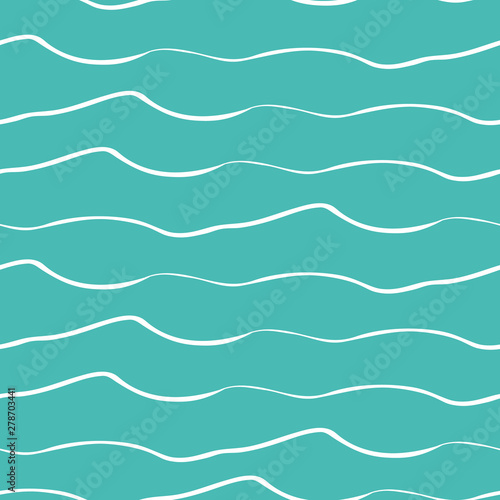 Abstract hand drawn doodle sea waves. Seamless geometric vector pattern on ocean blue background. Great for marine themed products, spa, wellness, beauty, sport, stationery, giftwrap