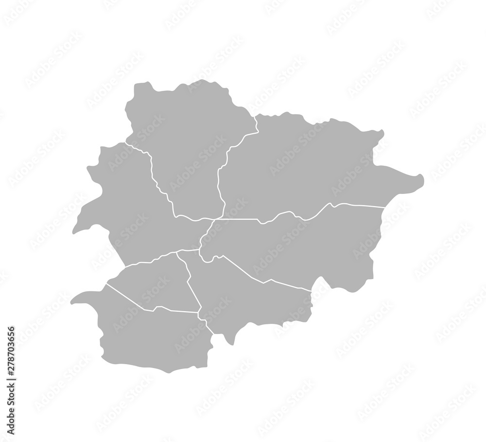 Vector isolated illustration of simplified administrative map of Andorra. Borders of the parishes (regions). Grey silhouettes. White outline
