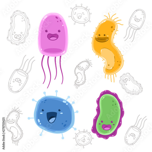 Cute virus, bacteria vector cartoon character set isolated on white background.