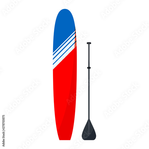 Isolated on white background flat style red and blue standup surfboard for paddleboarding -longboard with black paddle.