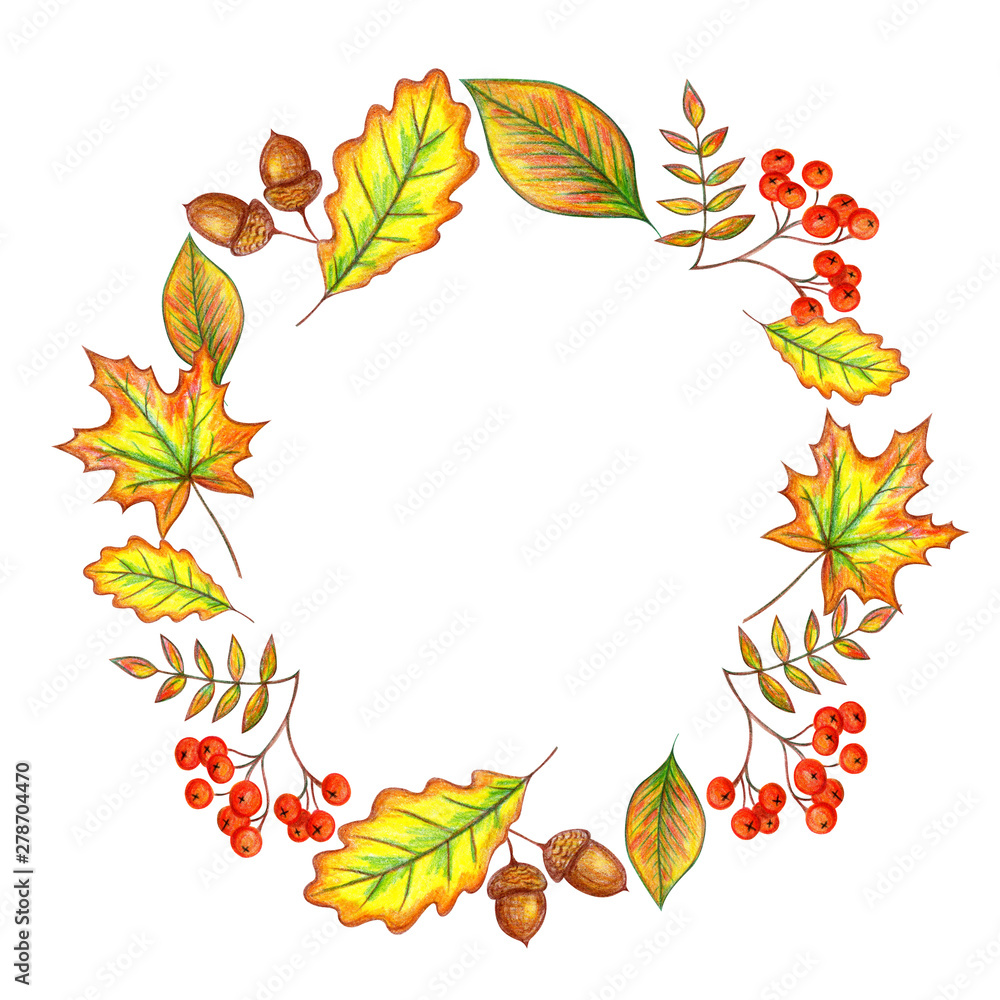 Autumn frame on a white background hand drawing. Frame of autumn yellow leaves, rowan berries. Design for banner, invitation. Autumn frame on a white background hand drawing. Frame of autumn yellow leaves, rowan berries. Design for banner, invitation.
