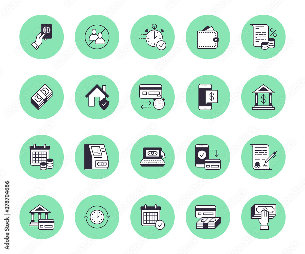 Finance, money loan flat line icons set. Quick credit approval, currency transaction, no commission, cash deposit atm vector illustrations. Thin signs for banking Finance, money loan flat line icons set. Quick credit approval, currency transaction, no commission, cash deposit atm vector illustrations. Thin signs for banking