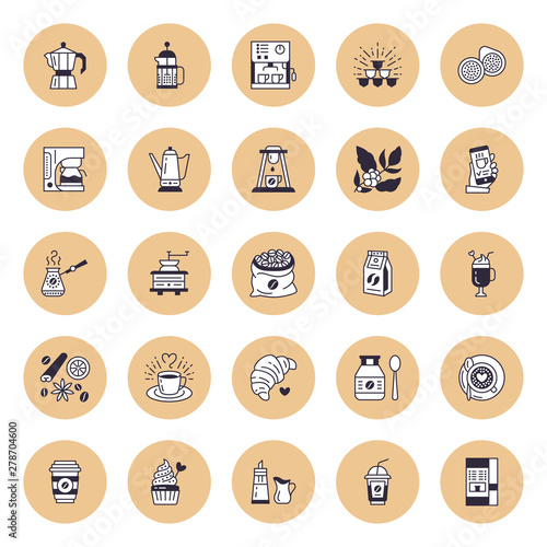Coffee making equipment vector flat line icons. Tools - moka pot, french press, grinder, espresso, vending, plant. Linear restaurant, shop pictograms for menu