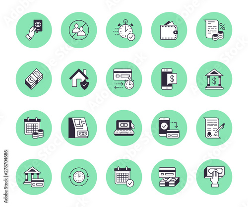Finance, money loan flat line icons set. Quick credit approval, currency transaction, no commission, cash deposit atm vector illustrations. Thin signs for banking