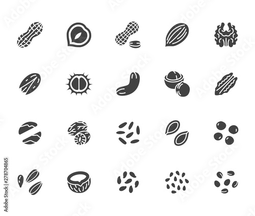 Nuts flat glyph icons set. Peanut, almond, chestnut, macadamia, cashew, pistachio, pine seeds vector illustrations. Signs for healthy food store. Silhouette pictogram pixel perfect 64x64