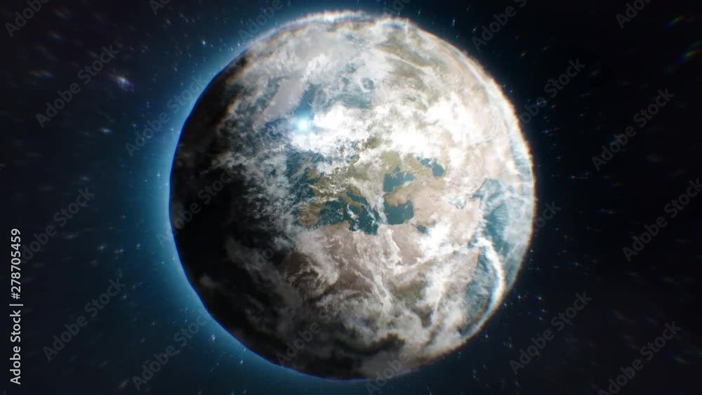 Alien ship or meteorite wips past camera towards earth. Behind the world is the dark and vast space filled with stars. Alien ship or meteorite wips past camera towards earth. Behind the world is the dark and vast space filled with stars.