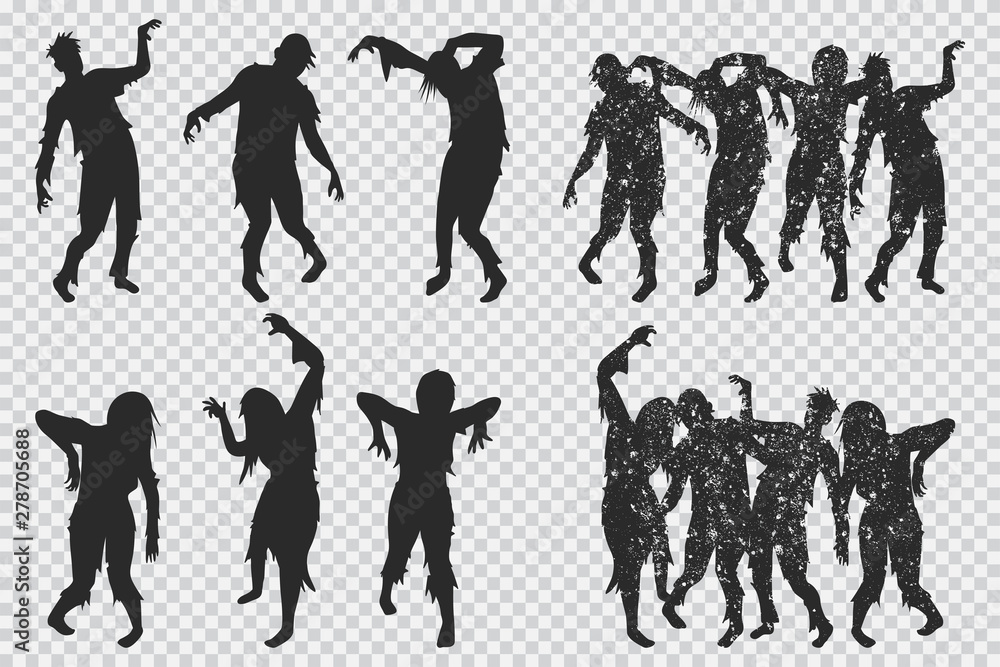Zombie black silhouette. Vector Halloween icons set isolated on a transparent background.