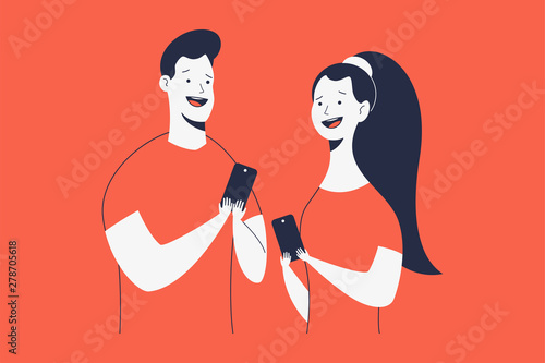 Excited and happy man and woman with phone vector cartoon characters isolated on background.
