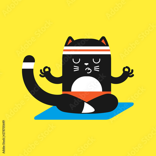 Cute black cat in yoga pose. Funny vector cartoon pet character in lotus poses isolated on a background.