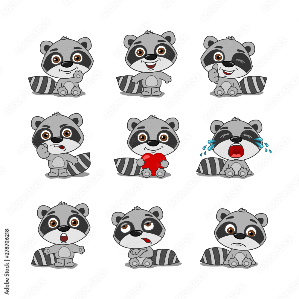 Collection of funny raccoon in cartoon style in different poses and emotions isolated on white background Collection of funny raccoon in cartoon style in different poses and emotions isolated on white background