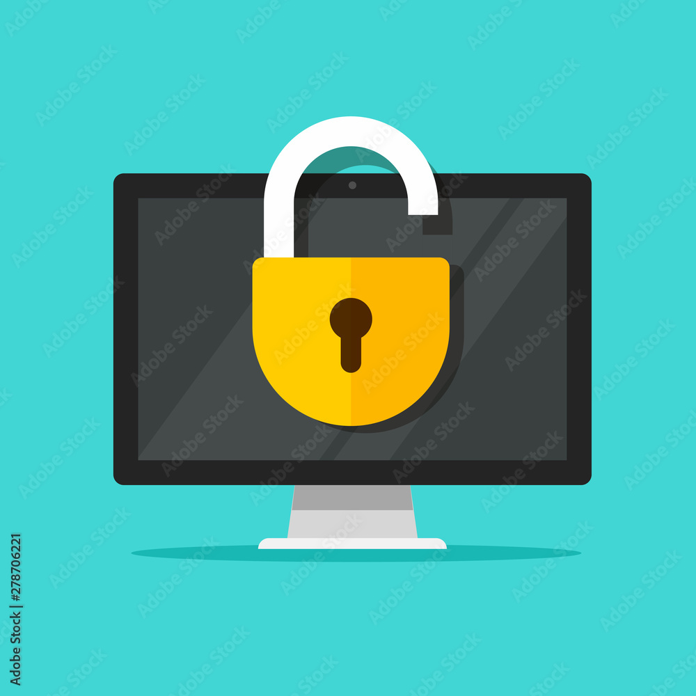 Computer lock open on display vector illustration, flat cartoon pc screen  with open padlock icon, authentication or crime symbol, unlocked security  or breaking open privacy image Stock-Vektorgrafik | Adobe Stock