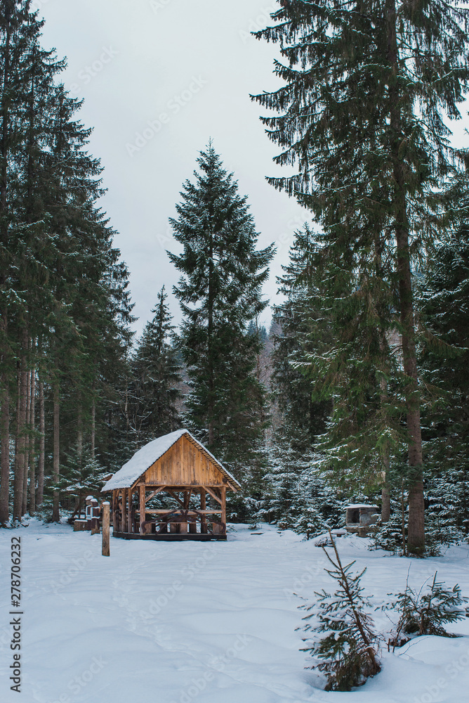 Wooden chalet in the winter forest