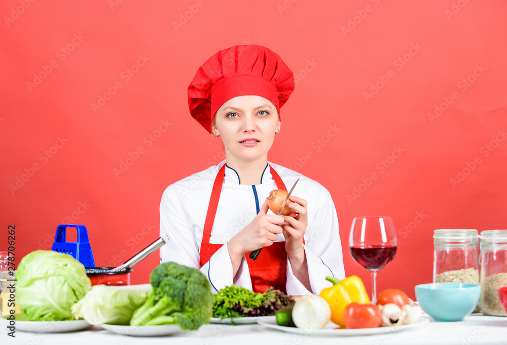 woman in cook hat. restaurant menu. Dieting. organic eating and vegetarian. Housewife. professional chef on red backdrop. happy woman cooking healthy food by recipe. Vegetarian cuisine rich vitamins woman in cook hat. restaurant menu. Dieting. organic eating and vegetarian. Housewife. professional chef on red backdrop. happy woman cooking healthy food by recipe. Vegetarian cuisine rich vitamins