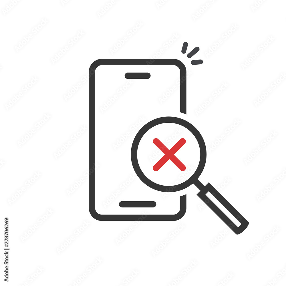 Cellphone or mobile phone inspection with magnifying glass and cross on screen vector icon, line outline art smartphone unsuccessful searching or device connection, bad exploration test pictogram Cellphone or mobile phone inspection with magnifying glass and cross on screen vector icon, line outline art smartphone unsuccessful searching or device connection, bad exploration test pictogram
