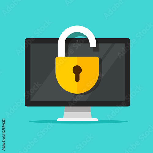 Computer lock open on display vector illustration, flat cartoon pc screen with open padlock icon, authentication or crime symbol, unlocked security or breaking open privacy image